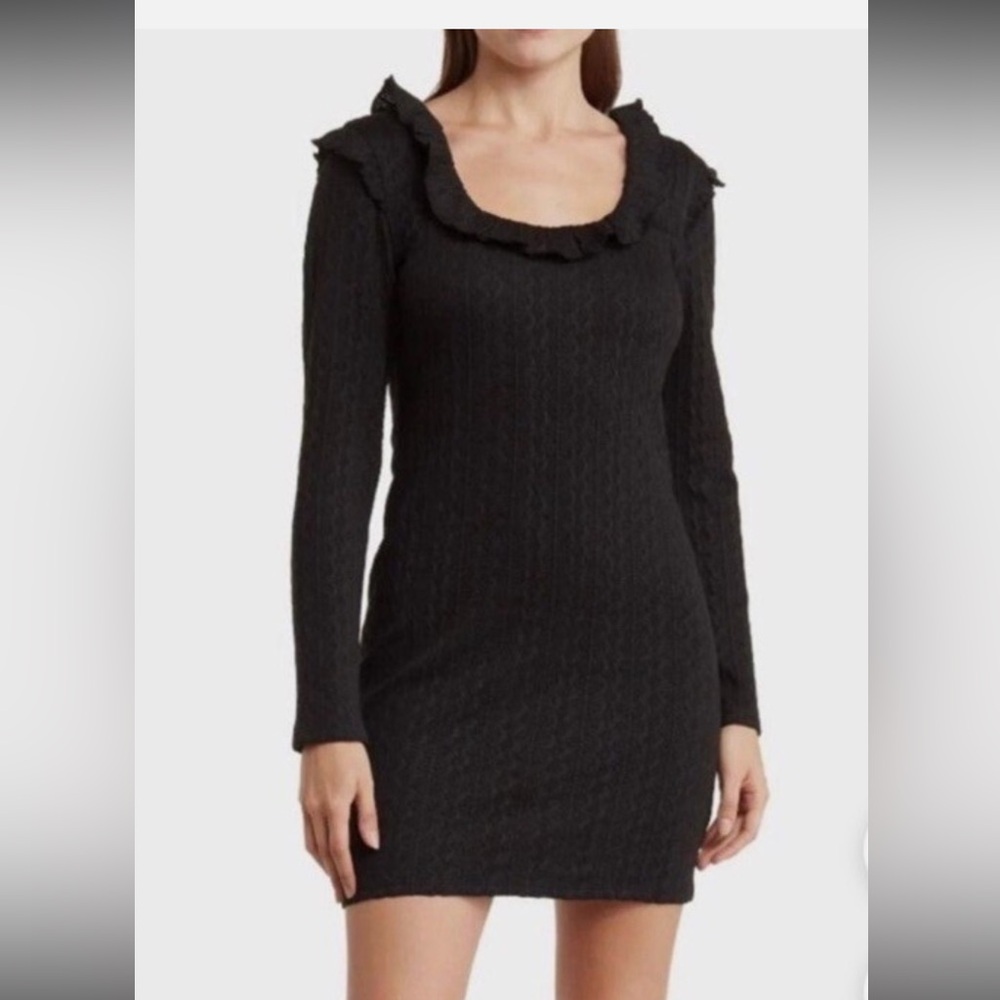 19 COOPER CREAM Sweater Mini Dress Ruffled Round Neck Cable Knit Lined Women M